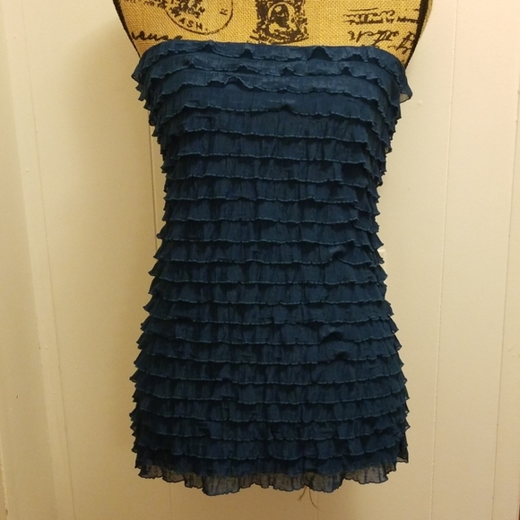 Cute Blue Green Teal Layered Ruffle Strapless Top - Picture 2 of 3